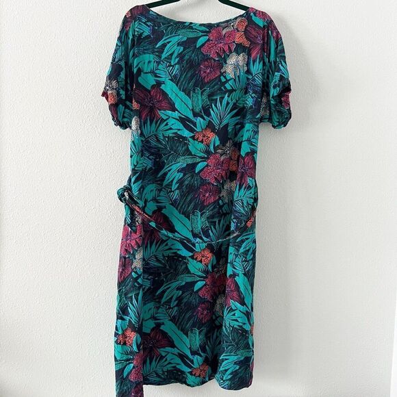 Ann Taylor Loft Linen Tropical Dress Womens Sz14 Blue Short Sleeve Tie Waist - Picture 2 of 10